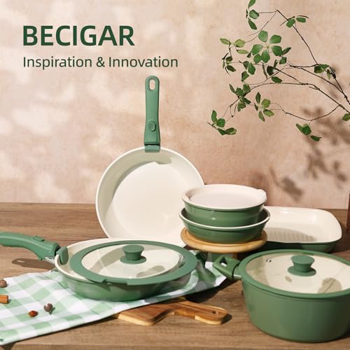 BECIGAR 23pcs Ceramic Pots and Pans Set, Nonstick Detachable Handle Cookware, Induction Kitchen Cooking Set with Removable Handle,include Frying Pans & Saucepans Oven Safe(Green) - Image 4