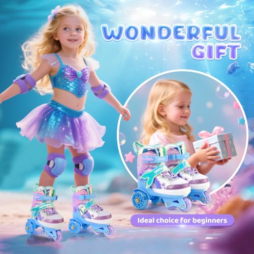 Image of NEMONE Mermaid 4 Size Adjustable Light up Roller Skates for Girls, Blue Purple Skates for Toddlers, Beginner Kids Roller Skates Indoor Outdoor (Blue XS)