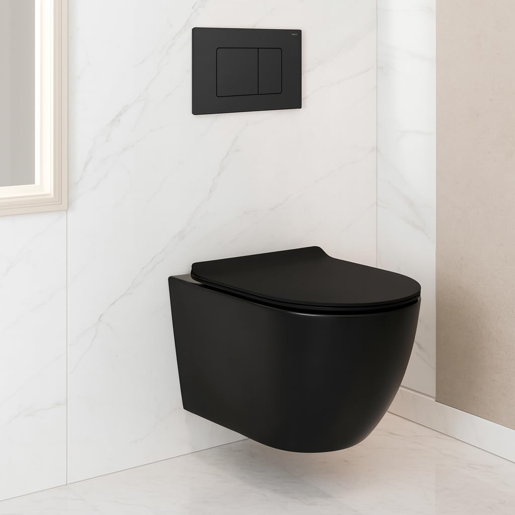 Inodoro suspendido completo - Cerámica - Sin bridas - Negro brillo - Soft-close - Cisterna empotrada CHRONO - Pulsador negro CROMO - Tapa extra fina - Diseño elegante y moderno