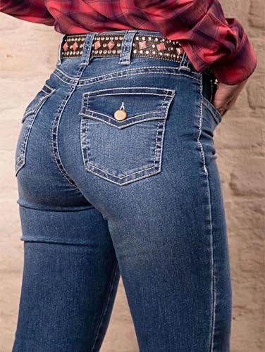 Flamingals Women's Buttoned Hem Bootcut Jeans Without Belt Mid Waist Casual Pants Navy Blue3