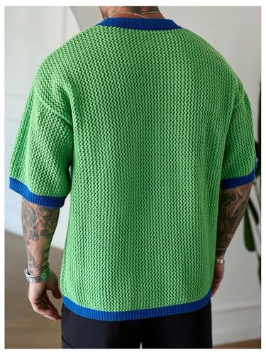 COZYEASE Men's Crochet Knit Short Sleeve Sweater Number Graphic V Neck Pullover Sweaters3