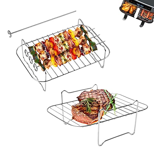 2 Piezas Rejilla para Freidora de Aire, Estante Multiusos de Doble Capa, Accesorios para Freidora de Aire de Acero Inoxidable con 4 Brochetas Compatible con Ninja Foodi Cover