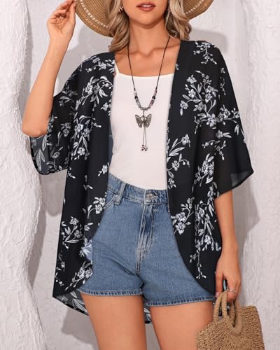 Image of Women's Floral Print Puff Sleeve Kimono Cardigan Loose Cover Up Casual Blouse Tops 2026