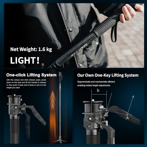 COMAN M1pro 65" Carbon Fiber Monopod for Camera, One-Click Lifting Quick Release Monopod with feet, Compact for Travel, Max Load 44lbs / 20kg for Camera, DSLR, Camcorder