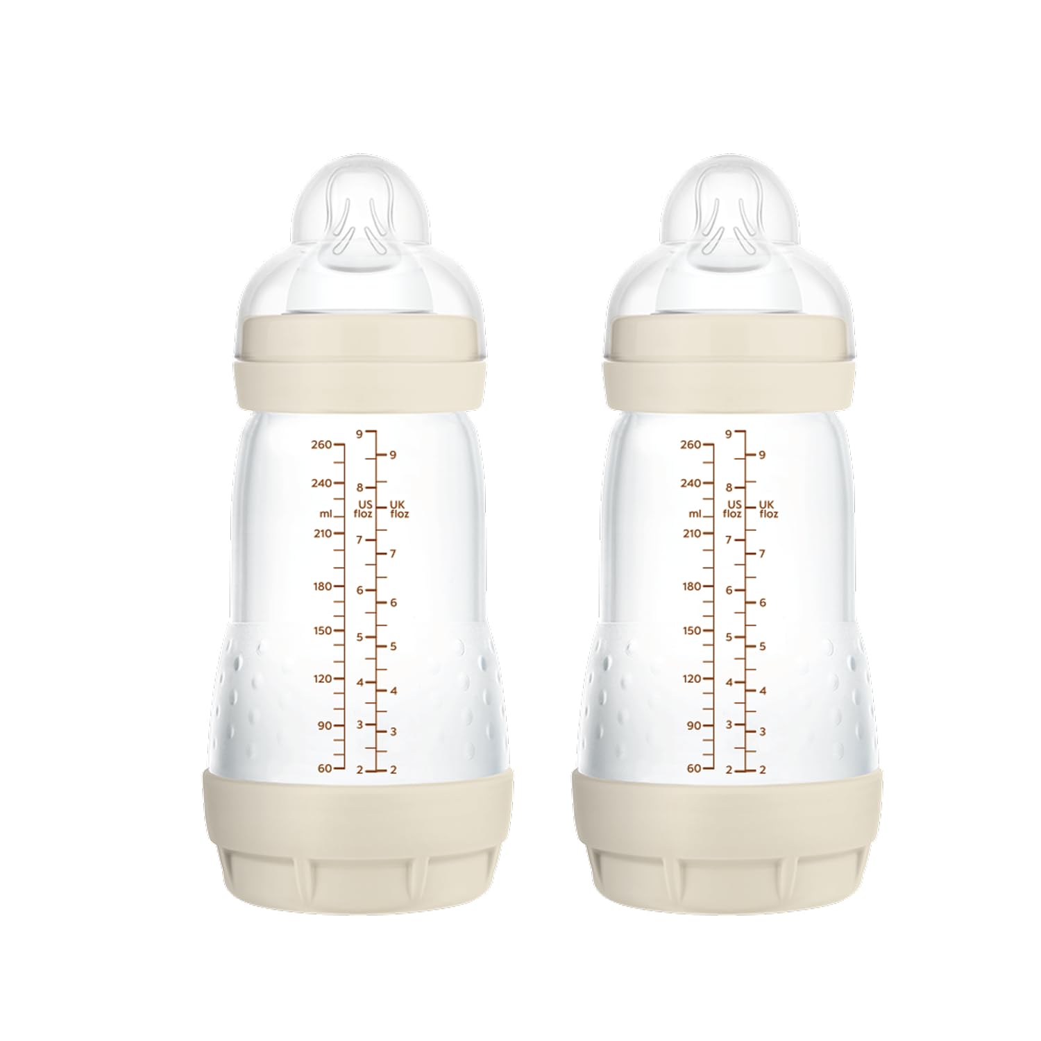 MAM Pack 2 Biberones Anticólicos, 2-4 Meses, 260ml, con con Tetina 2 Flujo Medio de Silicona de Fácil Aceptación, Autoesterilizable y Fácil de Limpiar, MAM Easy Start Anti-Colic, Neutro Mate, 2uds