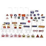 TOYANDONA 56Pcs Traffic Road Signs Traffic Light Crosswalk Signal Wooden Street Signs Mini Traffic Cones Safety Education Plaything