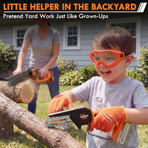 Image of KidBloom Mini Toy Chainsaw with Sound, Kids Tools Set with Gloves & Goggles | Rotatable plastic chain, detachable battery pack, pretend role play, hand-eye coordination, garden toy gift for kids aged 3+