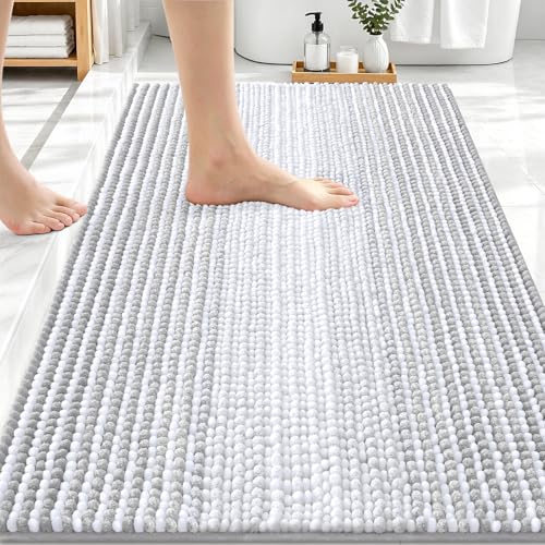 Image of OLANLY Bathroom Rugs 30x20, Extra Soft Absorbent Chenille Striped Bath Rugs, Rubber Backing, Machine Wash Dry, Bath Mats for Bathroom Floor, Tub and Shower, Home Decor Accessories, Light Grey
