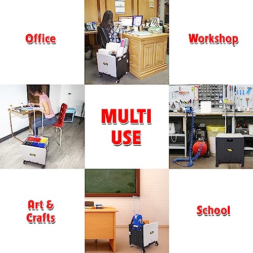 Image of dbest Products Quik Cart Swing Lid Four Swivel Wheeled Rolling Crate Teacher Utility with seat Heavy Duty Collapsible Basket with Dual Telescopic Wagon Handle