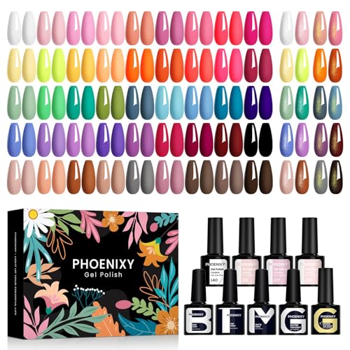 Phoenixy 50Pcs Vernis Semi Permanent 45 Couleurs Vernis Gel UV Semi Permanent avec 1 Base Coat 4 Top Coat Brillant Matt et Glitter Lot Vernis à Ongles Rose Marron Violet