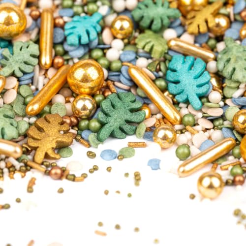 SuperStreusel BohoBaby Dschungel Deko essbar | Jungle Tortendeko für Geburtstag | Kuchenstreusel Dschungel essbar | Zucker Palmenblätter Zuckerdekor (90g)