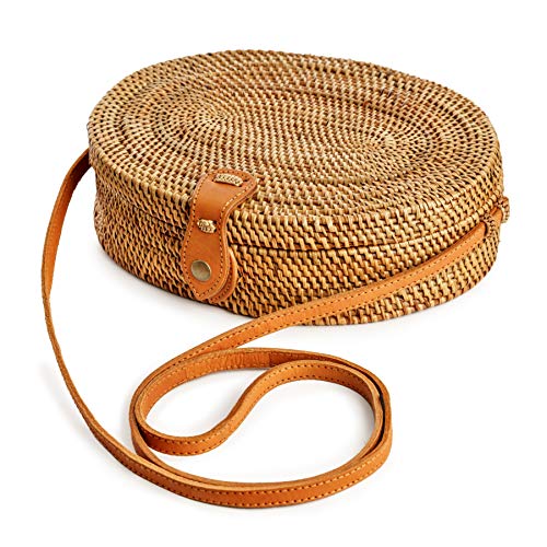 Image of Novum Crafts Round Rattan Bag for Women - Handmade Ata Wicker Woven Purse - Circle, Square, Oval Brown Straw Boho Bags