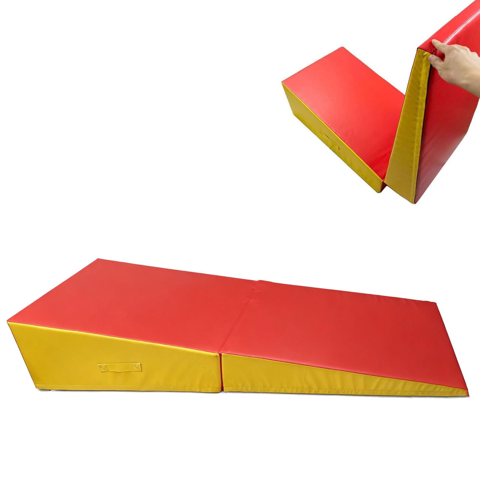 Tappetino da Ginnastica Inclinato Pieghevole, 187x57x40cm con Manico Trasporto e Superficie Antiscivolo, per Allenamento Casa, Palestra, Yoga, Aerobica F(Size:187*57*40cm/73*22*15in,Color:rosso/yellw)