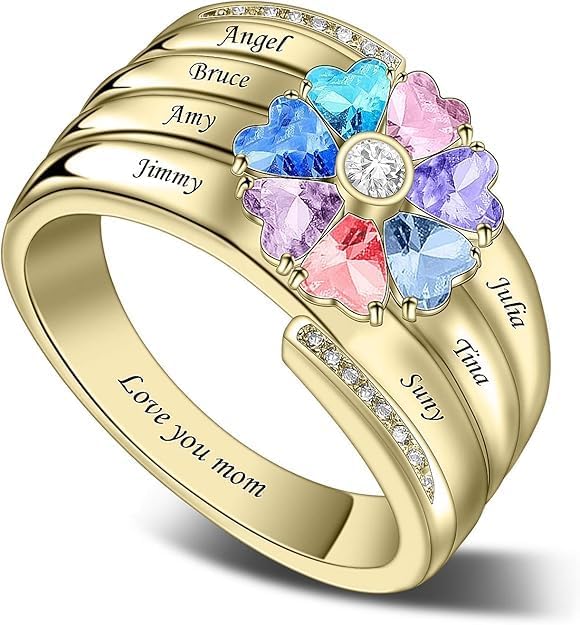 Custom Multi-Stone Family Ring 925 Sterling Silver/10K/14K/18K Gold Colored Personalized (2-8 stones) Birthstone Engraved Ring for Women Mom Wife Jewelry Gifts