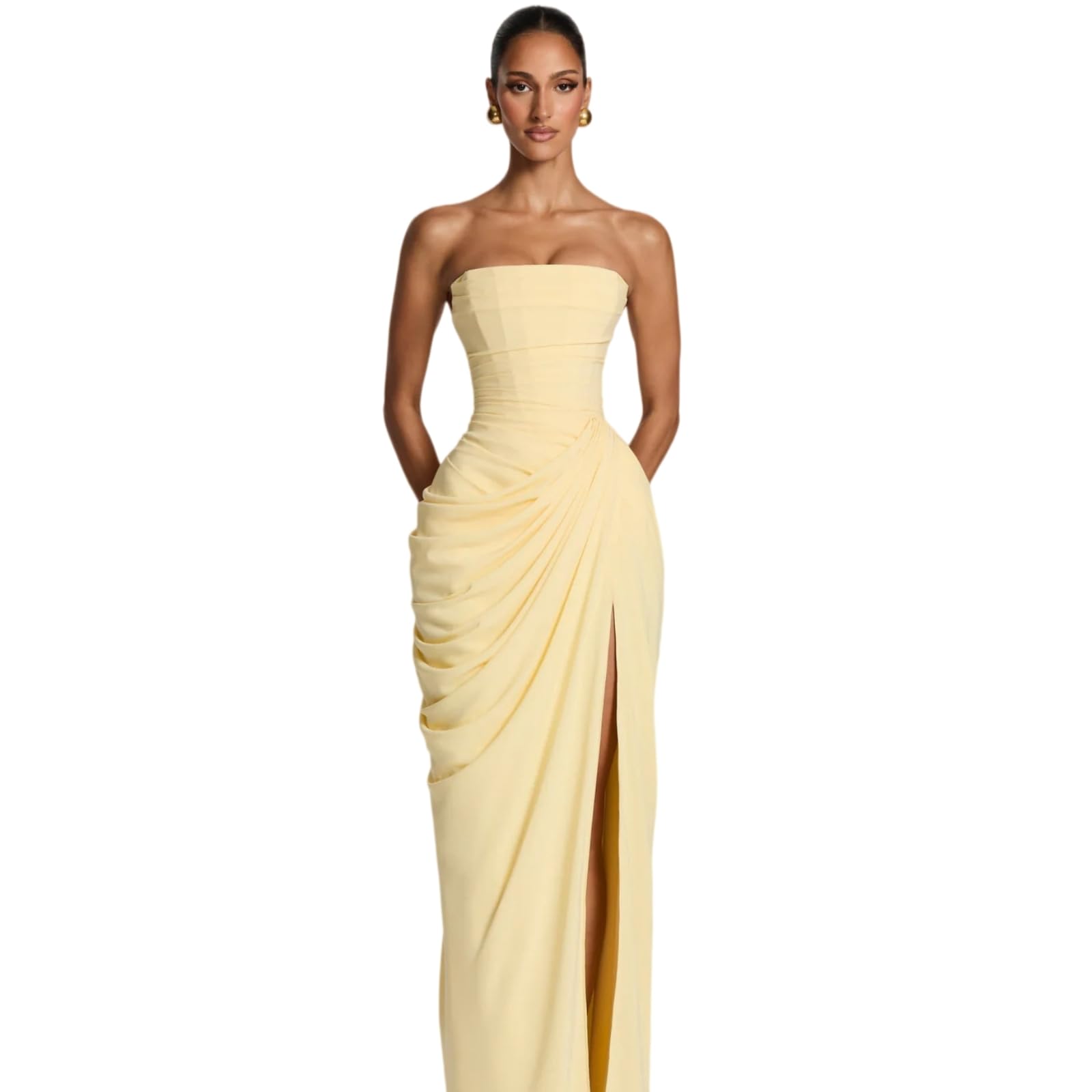 Vestito Donna Elegante Abito Piegato Senza Spalline - Fuori Spalla, Vita Alta Schienale con Split Laterale per La Sera, Festa Ed Eventi Formali-White-s-China Mainland