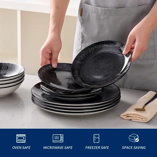 Image of Bestone 12-Piece Round Porcelain Dinnerware Set, Service for 4, Chip Resistant Plates and Bowls,Black, Dishwasher & Microwave Safe for Home Daily Use