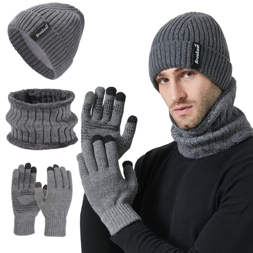 FUBABCO Gorro Bufanda Guantes Set de Invierno Hombre, Cálido Gorro Beanie Bufanda y Guantes Pantalla Táctil Set Forro Polar Punto Sombreros Bufanda y Guantes Térmicos 3 en 1 Set de Invierno
