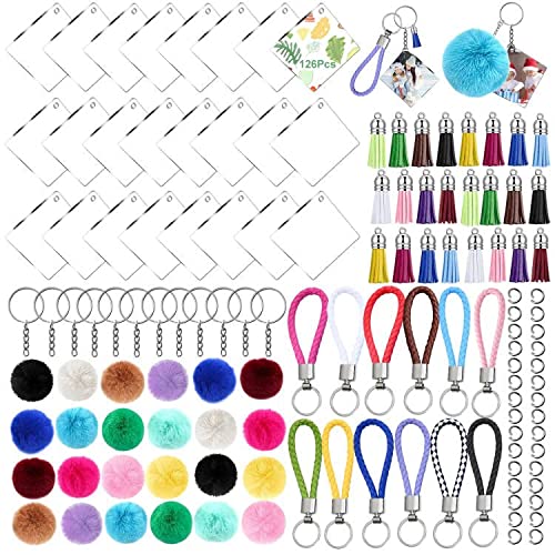 126 piezas de llavero de acrílico en blanco con kit de borlas a granel, ganchos a presión, mini llavero para proyectos de bricolaje y manualidades (cuadrado) Cover