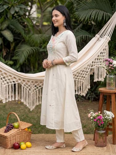 Image of INDO ERA Women's Pure Cotton Embroidered A-Line Kurta & Pant with Dupatta Set | Cotton kurta sets for women