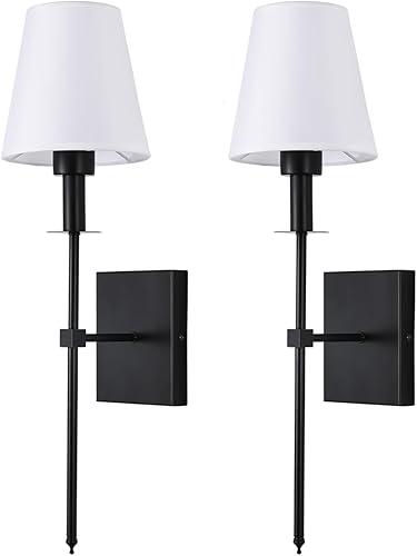 Juego de 2 lámparas de pared para dormitorio, estilo retro, color negro, lámparas de noche, apliques de iluminación con pantalla de tela para