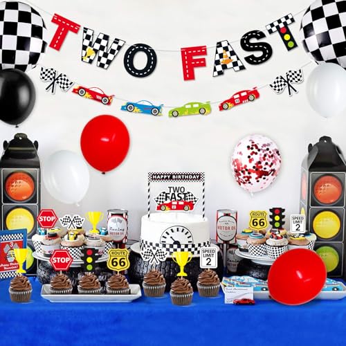 Bessmoso Two Fast Race Birthday Decorations 52 Pcs Racing Car Party Supplies 2nd Fast Birthday Decorations Include Race Car Balloons Banner Cake Topper Cupcake for Racing Theme Party Decoration - image 2