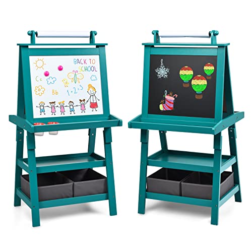 Image of GLACER All-in-One Double Sided Painting Easel for Kids with 2 Storage Bins, Paper Roll, Magnetic Whiteboard & Chalkboard, Gift for Boys & Girls (Blue)