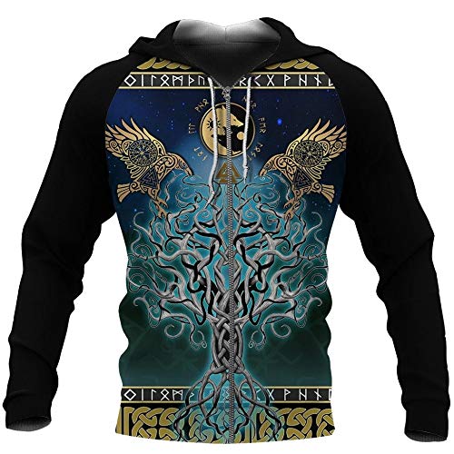 WLXW Sudadera con Capucha Vikinga para Hombre, Árbol de la Vida - Jersey con Estampado 3D de Fenrir Skoll Y Hati Raven Rune, Jersey De Estilo Callejero Harajuku Chándal Informal Unisex,Hoodiezip,M
