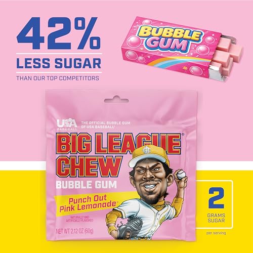 Image of New! Big League Chew Punch Out Pink Lemonade Bubble Gum - Sweet and Tart Flavor Burst | Ideal for Baseball Games, Teams, Concessions, Parties, and More | Pack of 12 Bags (2.12oz Each)