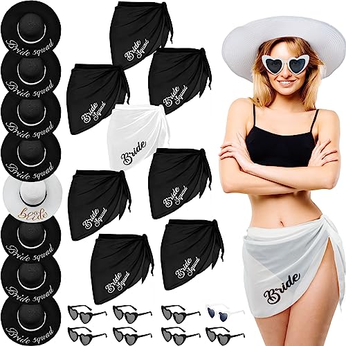 Jiuguva 24 Pcs Bride Cover ups Set Bridesmaid Coverups with Heart Sunglasses Sun Hats Bride Beach Sarongs Bathing Suit Wrap Bridesmaids Gifts for Wedding Bridal Shower Bachelorette Party