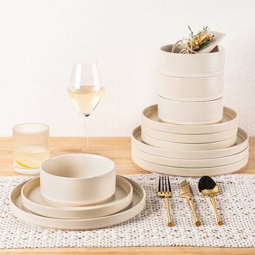 Image of TheTerra Ceramic Dinnerware Sets for 8, 24 Pieces Handmade Reactive Glaze Plates and Bowls Set, Scratch Resistant Dish Set, Oven & Microwave & Dishwasher Safe, Matte Ice Cream