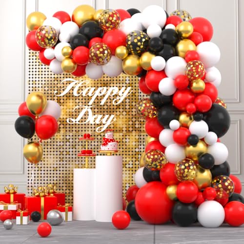 Image of Red White Gold Black Balloon Garland Arch - Red Black Balloons White Metallic Gold Balloons for Birthday Wedding Anniversary Graduation Retirement Valentines Day Party Decorations