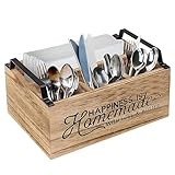 Dyikiti Organizador de utensilios de cocina de madera con 4 compartimentos, organizador de cubiertos con asas, soporte para cubiertos para tenedor, cuchillos, cucharas, organizador de cubiertos para