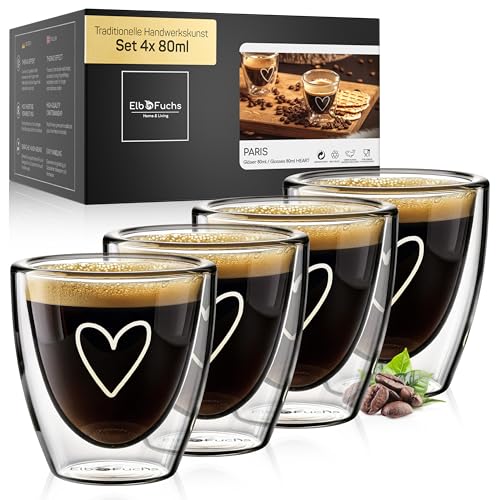 ElbFuchs® Juego Tazas cafe espresso [4x80ml] Vasos de Doble Pared Cristal | Chavenas cafe | Vasos de cafe cistal,expresso | Regalo original mujer cumpleaños, amiga, madre, boda para novios