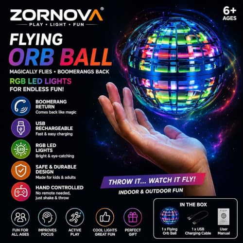 Image of Magic Flying Orb Ball Toy for Kids Boys Girls Adults | RGB Lights, Hand Controlled Boomerang Spinner, USB Rechargeable, 360 Rotating Flying Fidget