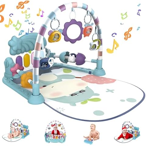 Baby Play Mat Toys 0-6 9 12 Months, Tummy Time Mat for Infant, Toddler Kick and Play Piano Gym, Foldable Play Gym Activity Padded Mat for Girl Boy, Newborn Development Musical Playmat Toys (Blue) Cover