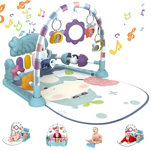 Image of Baby Play Mat Toys 0-6 9 12 Months, Tummy Time Mat for Infant, Toddler Kick and Play Piano Gym, Foldable Play Gym Activity Padded Mat for Girl Boy, Newborn Development Musical Playmat Toys (Blue)
