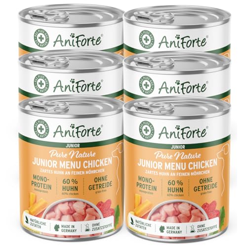 AniForte Hundefutter Nass Junior Huhn 6 x 400g – Natürliches Nassfutter für Welpen & Junghunde, hoher Fleischanteil, Premium Welpennassfutter getreidefrei