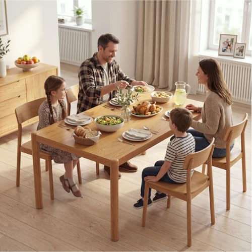 Image of DUOMAY Modern Rectangular Dining Table, 64.5'' Farmhouse Solid Wood Kitchen Table for 4-6 Person, Breakfast Dinner Table for Dining Room, Living Room, Natural