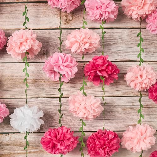 Guirlande pompon papier de soie rose dégradé pour cacher un mur vide de fête