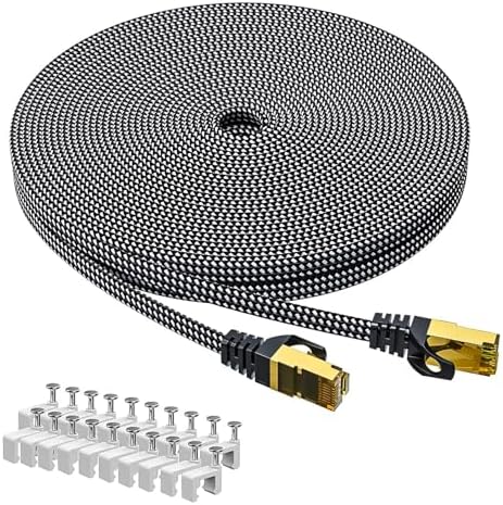 Ikbc Câble Ethernet Cat 7 20m, Plat Câble Réseau 20 Mètres Haut Débit 10Gbps 650MHz RJ45 Internet Câble FTP Blindé Cable Lan Compatible Avec Routeur Switch PS4/5 TV PC -Noir (20 Clips