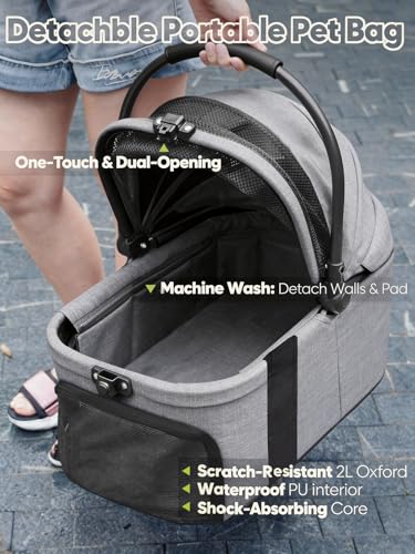 Image of Small Dog Stroller, Pet Stroller for Small Dogs, 5-in-1 Dog Strollers - Fold All in One Without Detaching Carrier, Pet Strollers with Removable Waterproof Carrier for Dogs Cats 10 lbs 20 lbs - Grey
