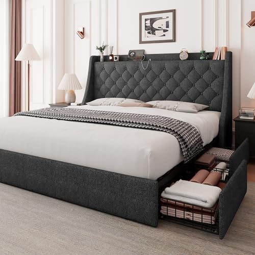 Image of Feonase King Size Bed Frame with 4 Storage Drawers, Upholstered Storage Bed with Charging Station, Tufted Wingback Headboard, No Box Spring Needed, Dark Grey