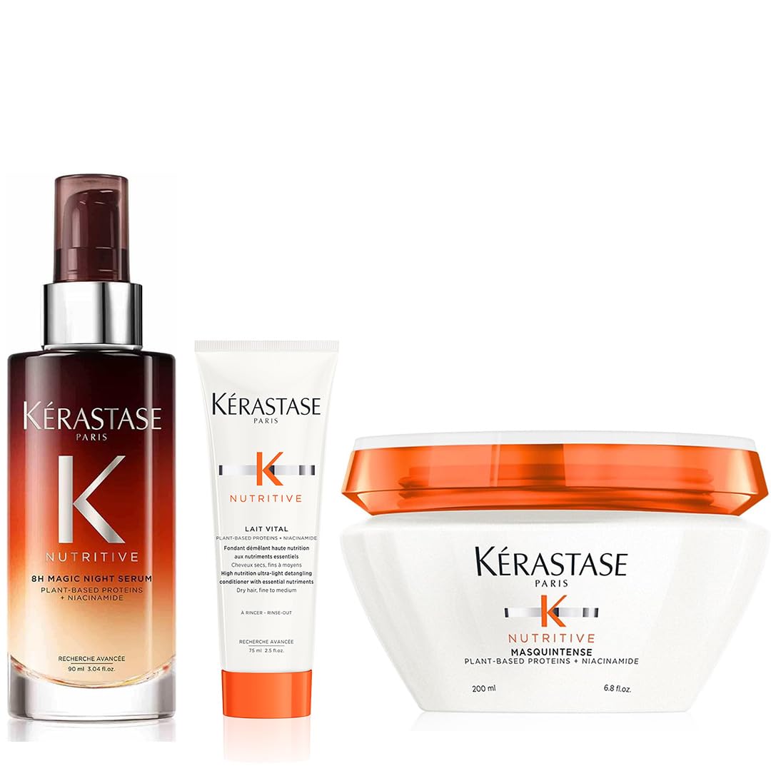 KÉRASTASE Nutritive 8h Night Serum 90 ml con Masquintense 200 ml y Vital Milch 75 ml, rutina de cuidado del cabello para todo tipo de cabello