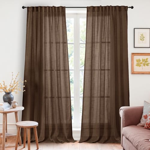 YoungsTex Brown Linen Sheer Curtains for Living Room 2 Panels Rod Pocket