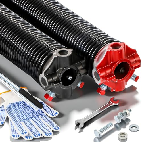 POWLAB Pair of 2' Garage Door Torsion Springs (0.250 X 2'' X 30'') with Non-Slip Winding Bars & Gloves, Heavy-Duty Replacement, 18,000 Cycles, High Precision Electrophoresis Black Coated
