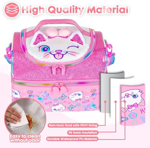Image of Kids Double Decker Cooler Insulated Lunch Bag Large Tote for Boys, Girls, Men, Women, with Adjustable Strap (ARN Kitty)