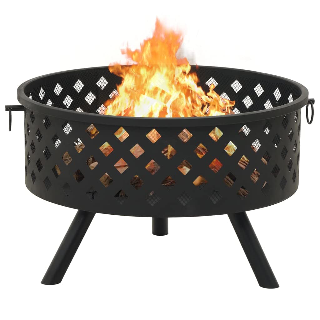 Feuerstelle Stahl 68 cm XXL mit Schürhaken und Gitterabdeckung für Garten Terrasse Outdoor Wärme Kamin Ofen Holz Feuer Flamme Heizen Romantik Atmosphäre