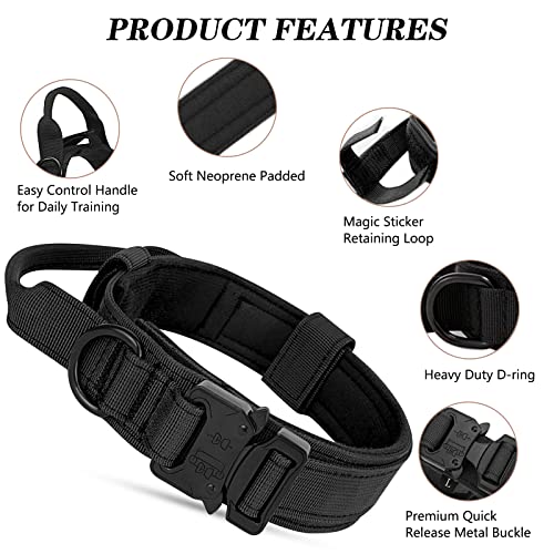 Ledeak Verstellbares Taktisches Hundehalsband mit Steuergriff, Militär-Nylon mit Metallschnalle für mittelgroße und große Hunde (L, Schwarz)