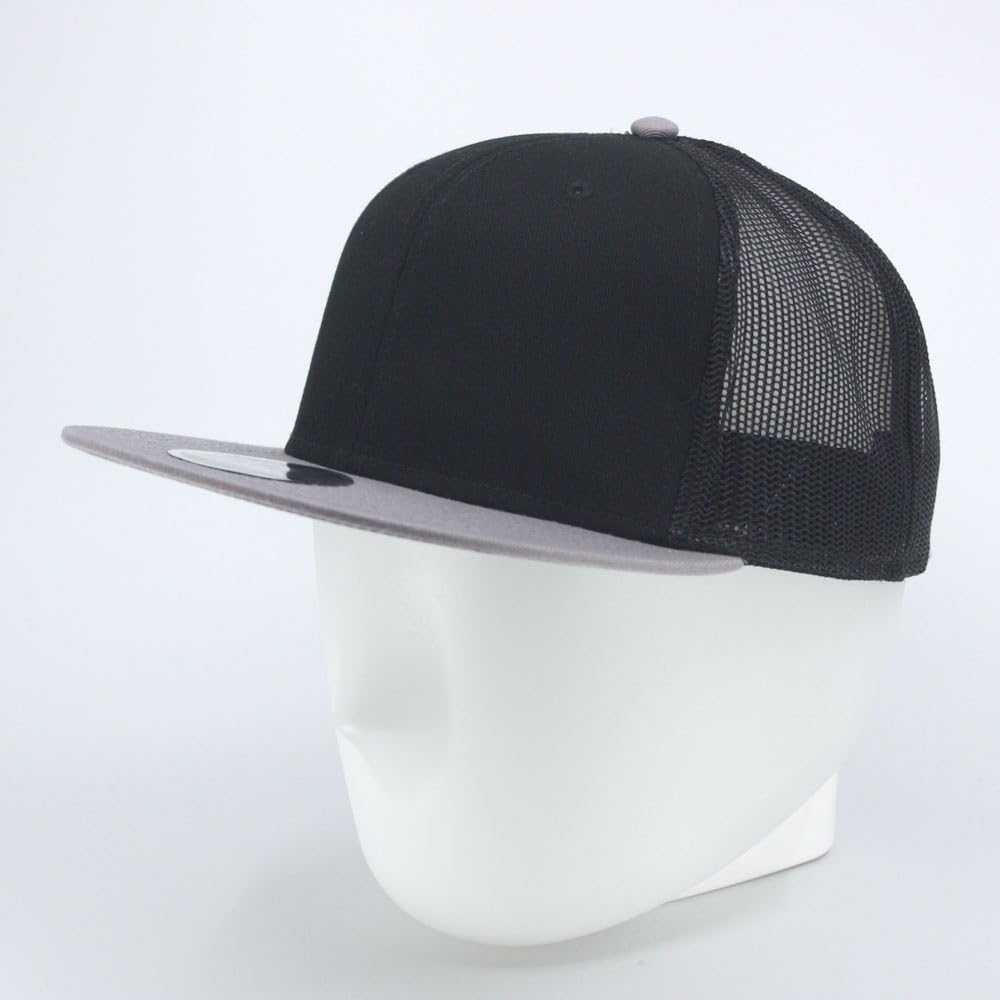 The Vintage Year Plain Cotton Twill Flat Brim Mesh Adjustable Snapback Trucker Baseball Cap (Gray/Black/Black) - Image 3