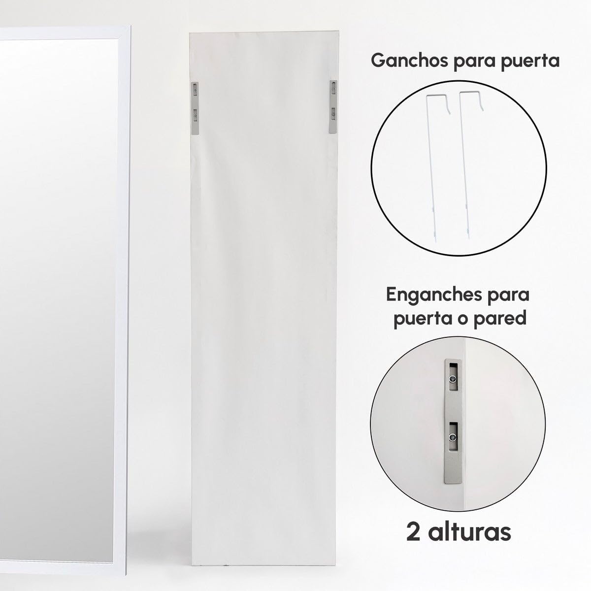 LOLAhome - Espejo de Plástico Blanco de Cuerpo Entero de 35x125 cm para Pared o Puerta - Espejo de Dormitorio Rectangular y Moderno - Ideal para Vestidor y Pasillo